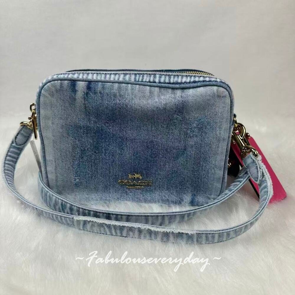 Coach Carey Crossbody Bag In Loved Denim With Charms Light Indigo CEK67 NWT